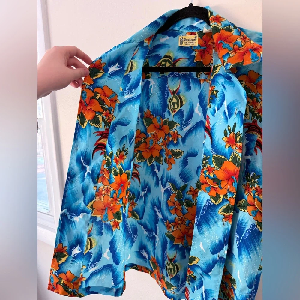 Vintage 70s Authentic Hawaiian Luau Shirt Mens M Hibiscus Floral Ocean Blue - Picture 11 of 15